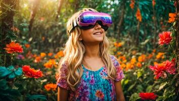 ai généré peu fille portant virtuel réalité des lunettes dans le forêt, fleurs photo