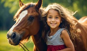 ai généré portrait de une peu fille avec une cheval dans la nature photo