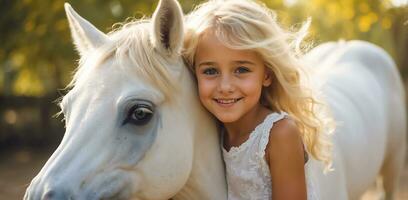 ai généré portrait de une peu fille avec une cheval dans la nature photo