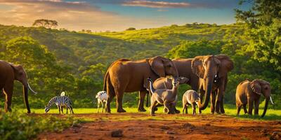 ai généré journée mondiale de la faune photo animal la nature non domestiqué dans herbeux savane à le coucher du soleil génératif ai