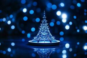 ai généré abstrait bleu brillant Noël arbre avec bokeh Contexte La technologie concept photo