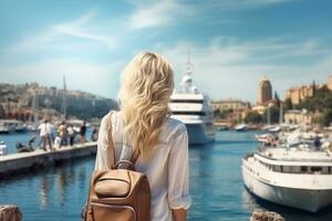 ai généré femme touristique dans le port attendre ferry-boat. photo