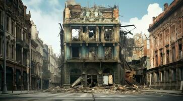 ai généré brûlant bâtiments après le guerre, guerre scène, enflammer Maisons photo