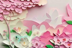 ai généré coloré papier Couper style fleurs et feuilles romantique paysage. valentines journée. de la mère journée anniversaire. pro photo