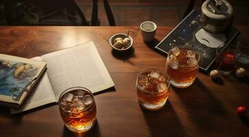 ai généré verre de alcoolique boisson sur le table avec glace, alcoolique boire, alcoolique arrière-plan, de l'alcool boisson avec la glace sur table photo