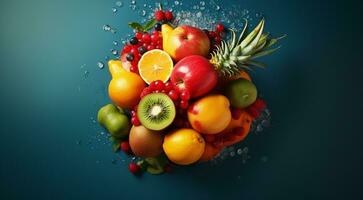 ai généré délicieux coloré des fruits sur coloré arrière-plan, fond d'écran de des fruits, tranché des fruits sur abstrait arrière-plan, des fruits Contexte photo