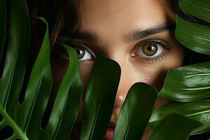 ai généré fermer coup de une magnifique Jeune femme visage couvert avec feuilles génératif ai photo