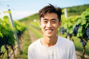 ai généré agriculture est mon la vie portrait de une de bonne humeur Jeune agriculteur posant dans le des champs sur le sien ferme photo