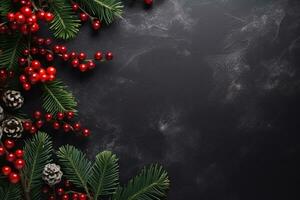 ai généré Noël vacances composition de vert sapin arbre branches avec cadeaux copie espace photo