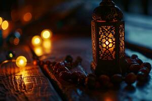 ai généré ornemental arabe lanternes. étincelant d'or bokeh lumières. assiette avec Date fruit sur le table photo