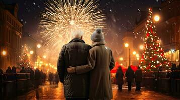 ai généré retour vue de personnes âgées couple à la recherche à feux d'artifice sur Noël veille photo