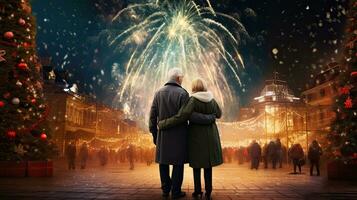 retour vue de personnes âgées couple à la recherche à feux d'artifice sur Noël veille photo