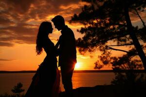ai généré une silhouette de une couple embrassement contre le toile de fond de une magnifique le coucher du soleil photo