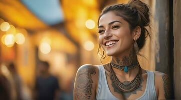 ai généré portrait de une femme avec une corps plein de artistique tatouages photo