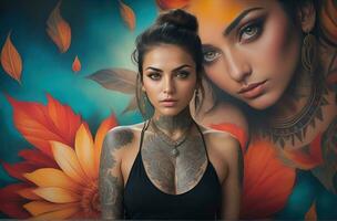 ai généré portrait de une femme avec une corps plein de artistique tatouages photo