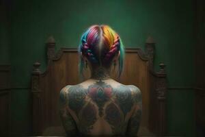 ai généré portrait de une femme avec une corps plein de artistique tatouages photo