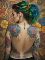 ai généré portrait de une femme avec une corps plein de artistique tatouages photo