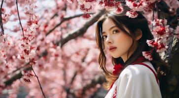 ai généré rose Sakura dans le Japon, Sakura arbre arrière-plan, rose arbre arrière-plan, Sakura fond d'écran, Sakura dans printemps photo