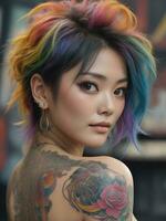 ai généré portrait de une femme avec une corps plein de artistique tatouages photo