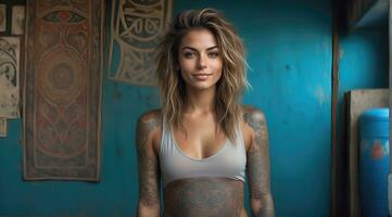 ai généré portrait de une femme avec une corps plein de artistique tatouages photo