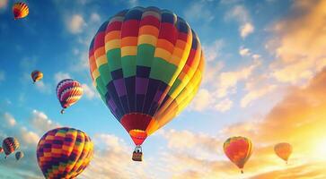 ai généré chaud coloré air des ballons dans ciel, fermer de chaud air des ballons photo