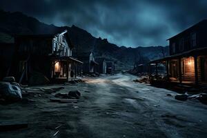 ai généré abandonné fantôme ville dans le montagnes à nuit. Halloween concept, ai généré photo