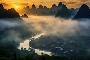 ai généré Chine guilin Yangshuo paysage paysage à lever du soleil avec brouillard, ai généré photo