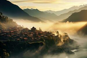 ai généré Montagne village dans le brouillard à lever du soleil. magnifique Naturel paysage, ai généré photo