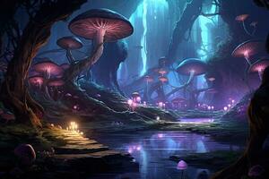 ai généré fantaisie paysage avec champignons dans le forêt. 3d le rendu, ai généré photo