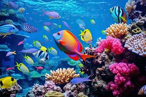 ai généré sous-marin vue de corail récif avec tropical poisson. sous-marin monde, ai généré photo