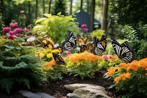 ai généré papillons sur fleur lit dans le jardin. sélectif se concentrer, ai généré photo