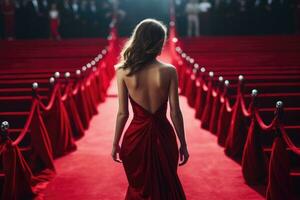 ai généré retour vue de magnifique Jeune femme dans rouge robe permanent sur rouge tapis, ai généré photo