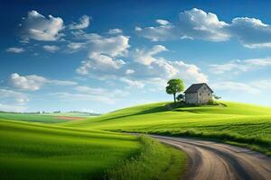 ai généré solitaire maison dans le milieu de une vert champ avec bleu ciel, ai généré photo