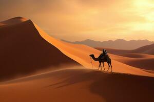 ai généré chameau caravane dans Sahara désert, Maroc. 3d rendre illustration, chameau sur le sable dune à désert, ai généré photo