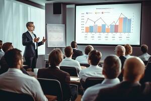 ai généré affaires réunion vecteur illustration. homme d'affaire donnant présentation à collègues. présentation dans conférence pièce avec graphiques et diagrammes sur tableau blanc, ai généré photo