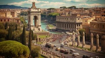 ai généré panoramique vue de Rome, panoramique vue de antique ville Rome, Haut vue de le ville photo