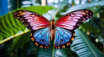 ai généré coloré papillon sur une fleur, abstrait coloré papillon sur abstrait coloré arrière-plan, coloré backgrounnd fond d'écran, abstrait coloré papillon sur coloré feuille photo