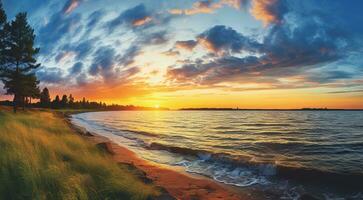 ai généré le coucher du soleil plus de le océan, le coucher du soleil plus de le mer, fantastique le coucher du soleil scène plus de le océan, Soleil réflexion sur le lac, d'or temps photo