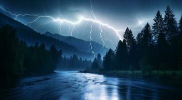 ai généré foudre dans le ciel, foudre dans le nuit, fantastique foudre scène dans le nuit, orageux jour, foudre arrière-plan, orage dans le foncé photo