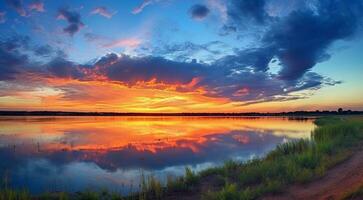 ai généré le coucher du soleil plus de le océan, le coucher du soleil plus de le mer, fantastique le coucher du soleil scène plus de le océan, Soleil réflexion sur le lac, d'or temps photo