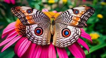 ai généré coloré papillon sur une fleur, abstrait coloré papillon sur abstrait coloré arrière-plan, coloré backgrounnd fond d'écran, abstrait coloré papillon sur coloré feuille photo