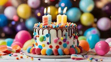 ai généré anniversaire gâteau avec bougies, anniversaire fête pour enfants, chocolat, sucre et des sucreries, bougies, doux, les enfants ayant amusant, coloré gâteau, arc-en-ciel, multicolore des ballons et scintille. photo