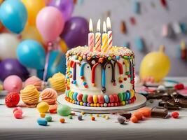 ai généré anniversaire gâteau avec bougies, anniversaire fête pour enfants, chocolat, sucre et des sucreries, bougies, doux, les enfants ayant amusant, coloré gâteau, arc-en-ciel, multicolore des ballons et scintille. photo