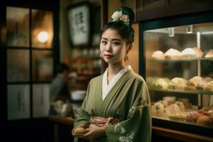 ai généré Jeune asiatique femme portant kimono dans matcha magasin. produire ai photo