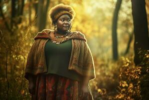 ai généré plus Taille africain américain femme dans automnal forêt. produire ai photo