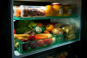ai généré réfrigérateur trouver récupérer une nourriture récipient de le frigo pour une repas ai généré photo
