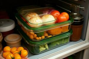 ai généré Frais de le frigo prise en dehors une nourriture récipient pour une délicieux traiter ai généré photo