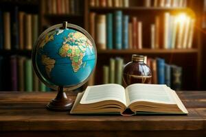 ai généré éducatif exploration Terre globe entouré par une collection de livres ai généré photo