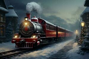 ai généré magique hiver balade une train orné avec Noël décorations dans une neigeux réglage ai généré photo
