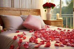 ai généré Hôtel romance lit orné avec Rose pétales création une romantique réglage ai généré photo